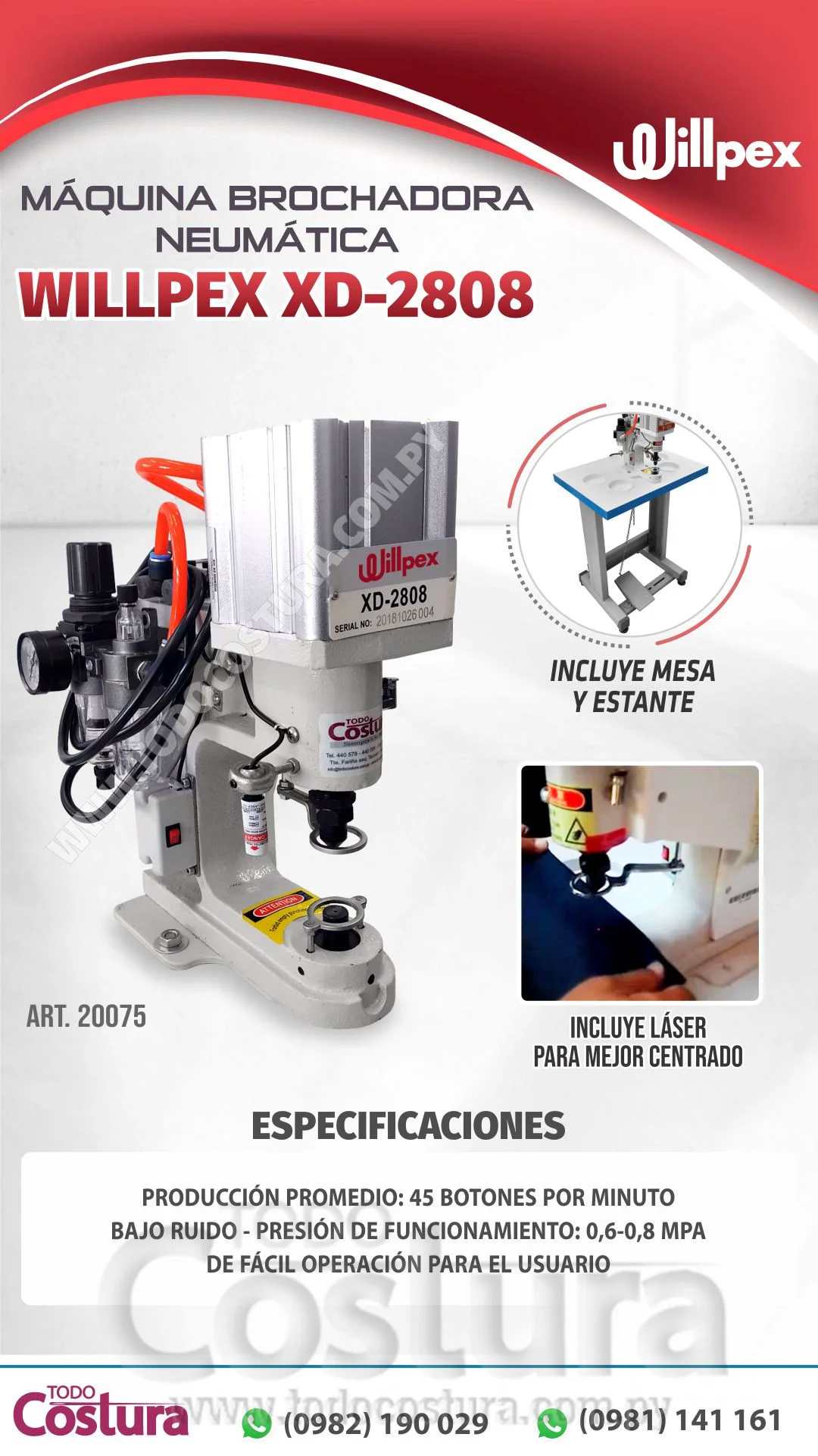 MAQUINA BROCHADORA NEUMATICA WILLPEX XD-2808 (CON ESTANTE)